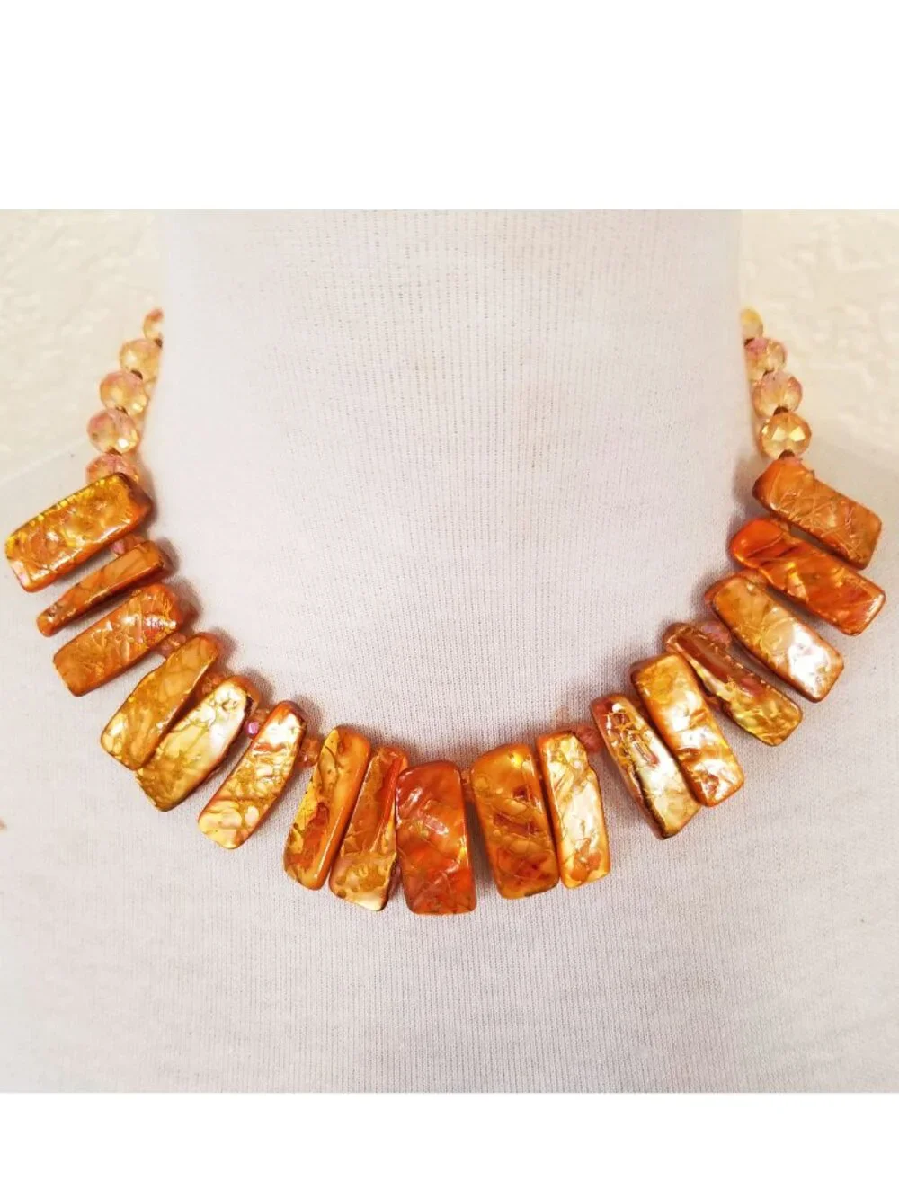 Burnt Orange & Champagne Shell & Glass Statement Bib Necklace
